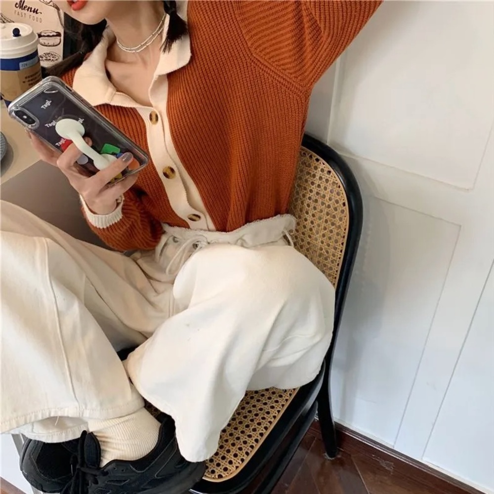 Rust Contrast Collared Cardigan